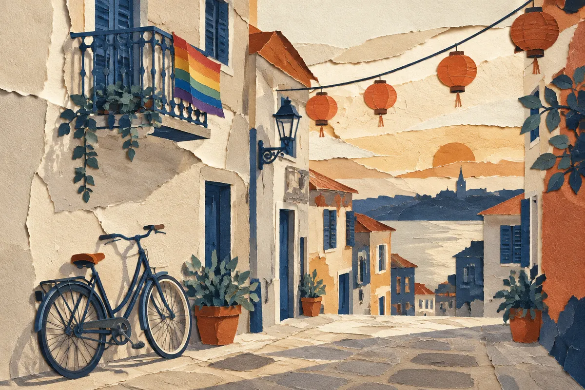 Calle tranquila al atardecer con una bicicleta y una pequeña bandera arcoíris en un balcón