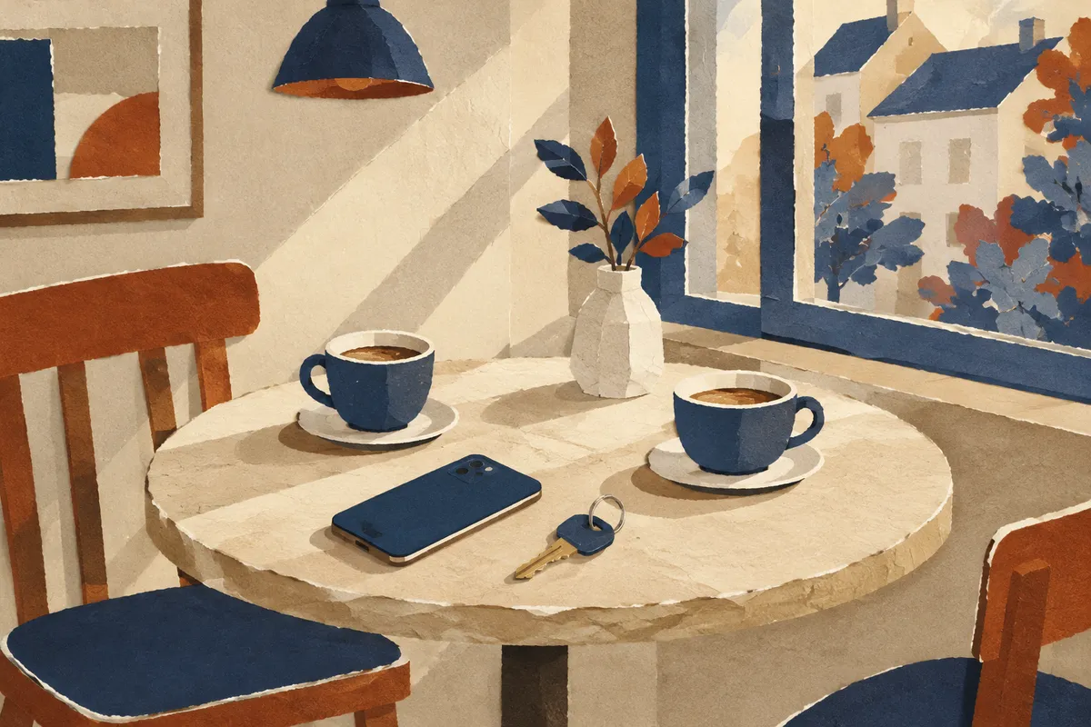 Mesa de cafetería con dos tazas y un móvil boca abajo, una imagen tranquila para una primera quedada
