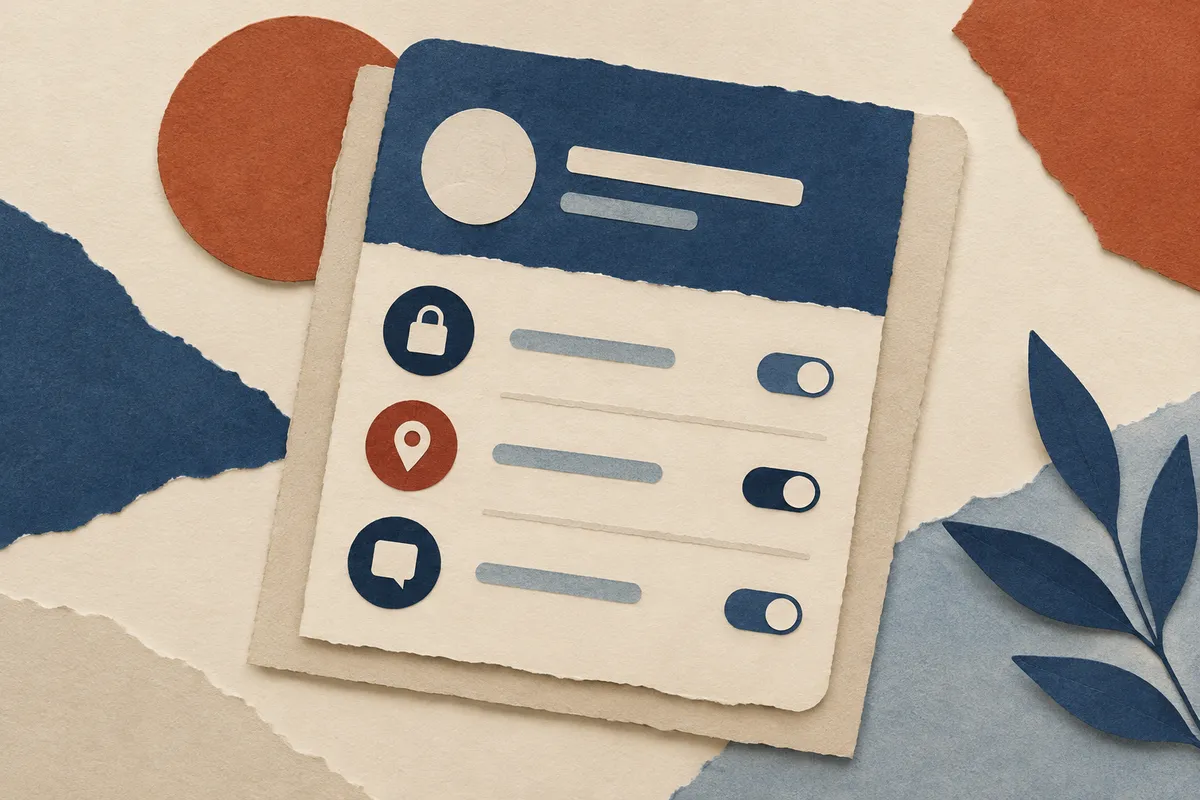 Ilustración de una pantalla de perfil con una lista de ajustes de privacidad y mensajes