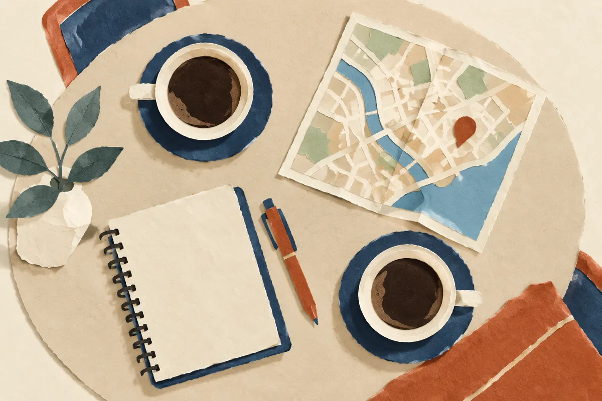 Ilustración cenital de una mesa con dos cafés, una libreta y un mapa de la ciudad