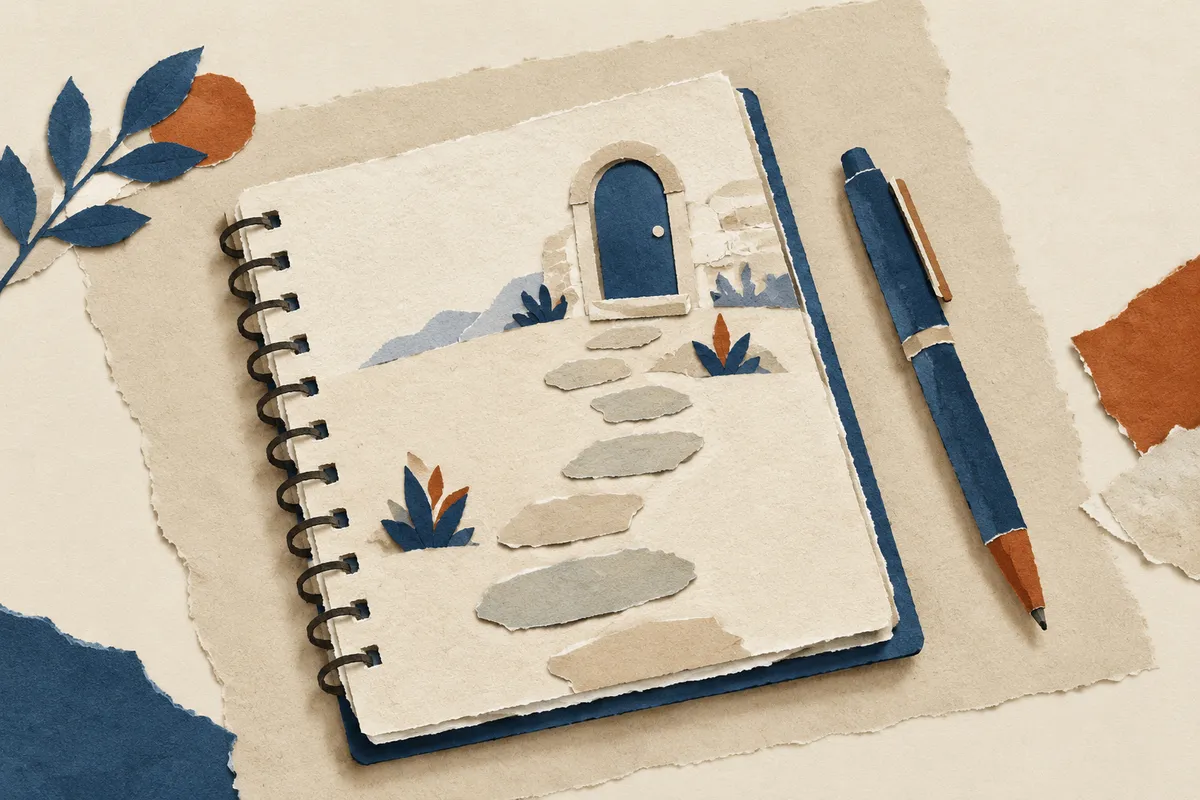 Cuaderno con un camino de piedras dibujado hacia una puerta, imagen de pasos graduales