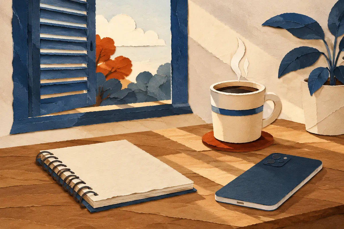 Cuaderno, móvil boca abajo y taza de café sobre una mesa de madera junto a una ventana con postigo