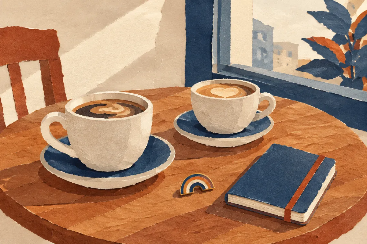 Mesa de cafetería con dos tazas y una libreta junto a una ventana, con una pequeña chapa de arcoíris