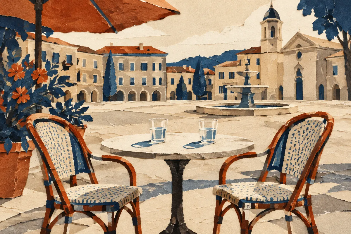 Terraza de café a plena luz del día con dos sillas vacías, un lugar público para una primera cita de amistad