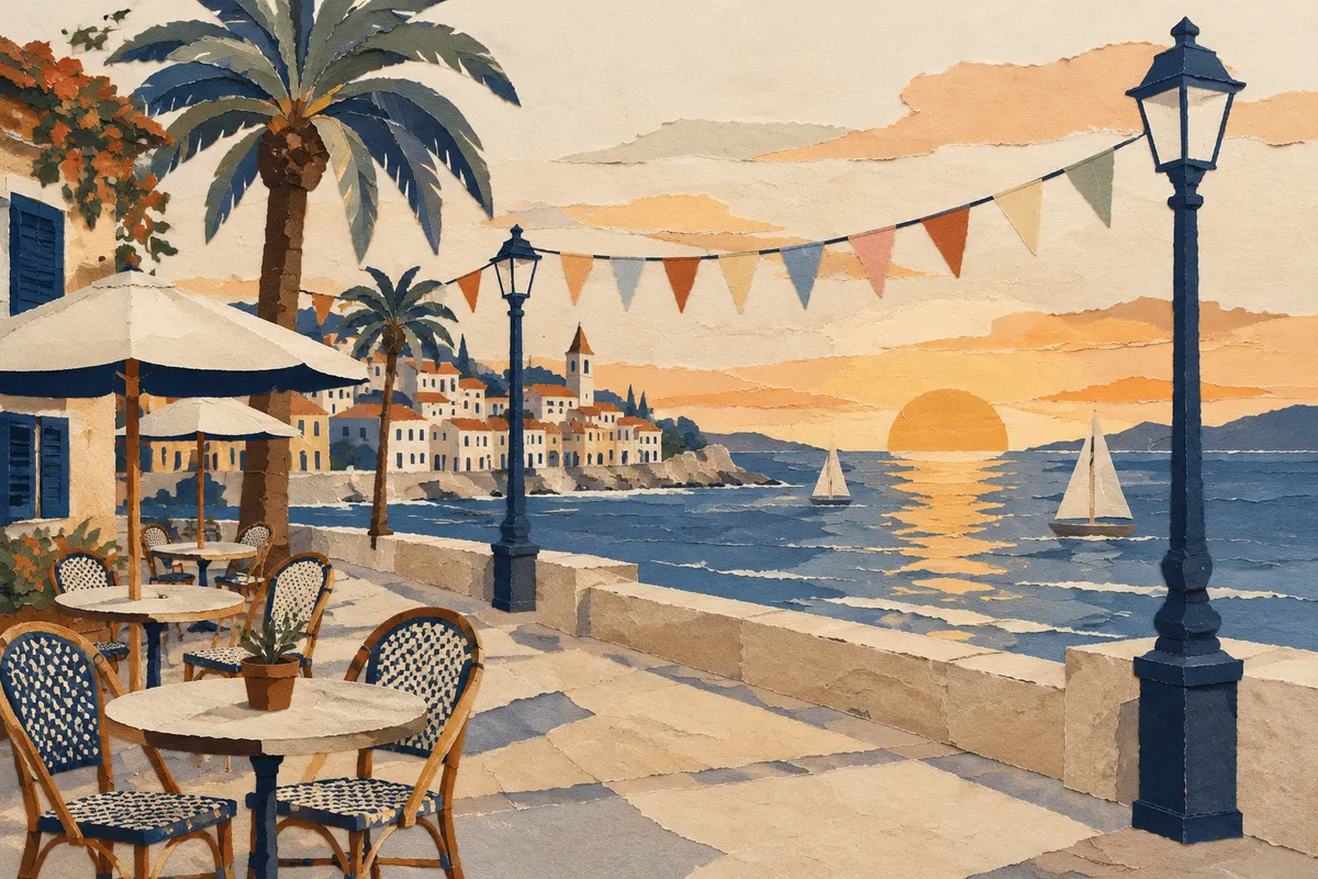 Ilustración de un paseo marítimo mediterráneo al atardecer con guirnaldas de colores arcoíris