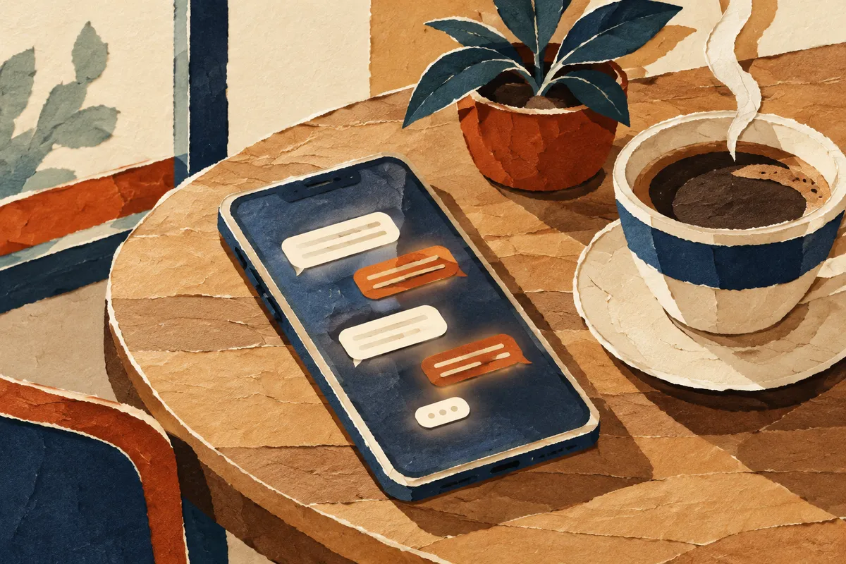 Móvil sobre una mesa de café junto a una taza y una planta, con una luz cálida y tranquila