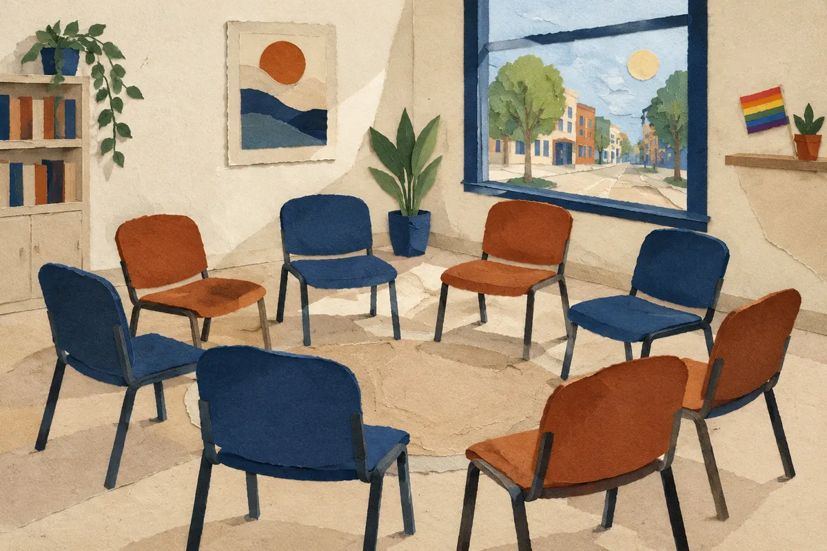 Ilustración de una sala de reuniones vacía con sillas en círculo y una pequeña bandera arcoíris