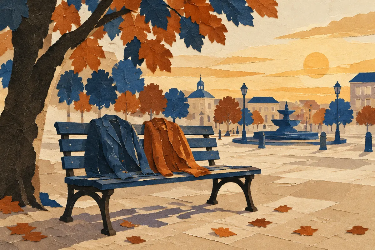 Banco de parque al atardecer con dos chaquetas y una plaza al fondo, en una escena tranquila sin personas