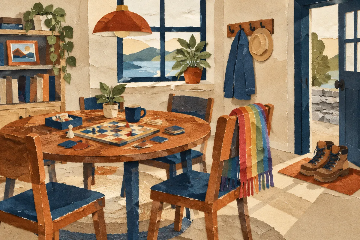Sala comunitaria acogedora con mesa redonda, juegos de mesa y una bufanda de colores sobre una silla