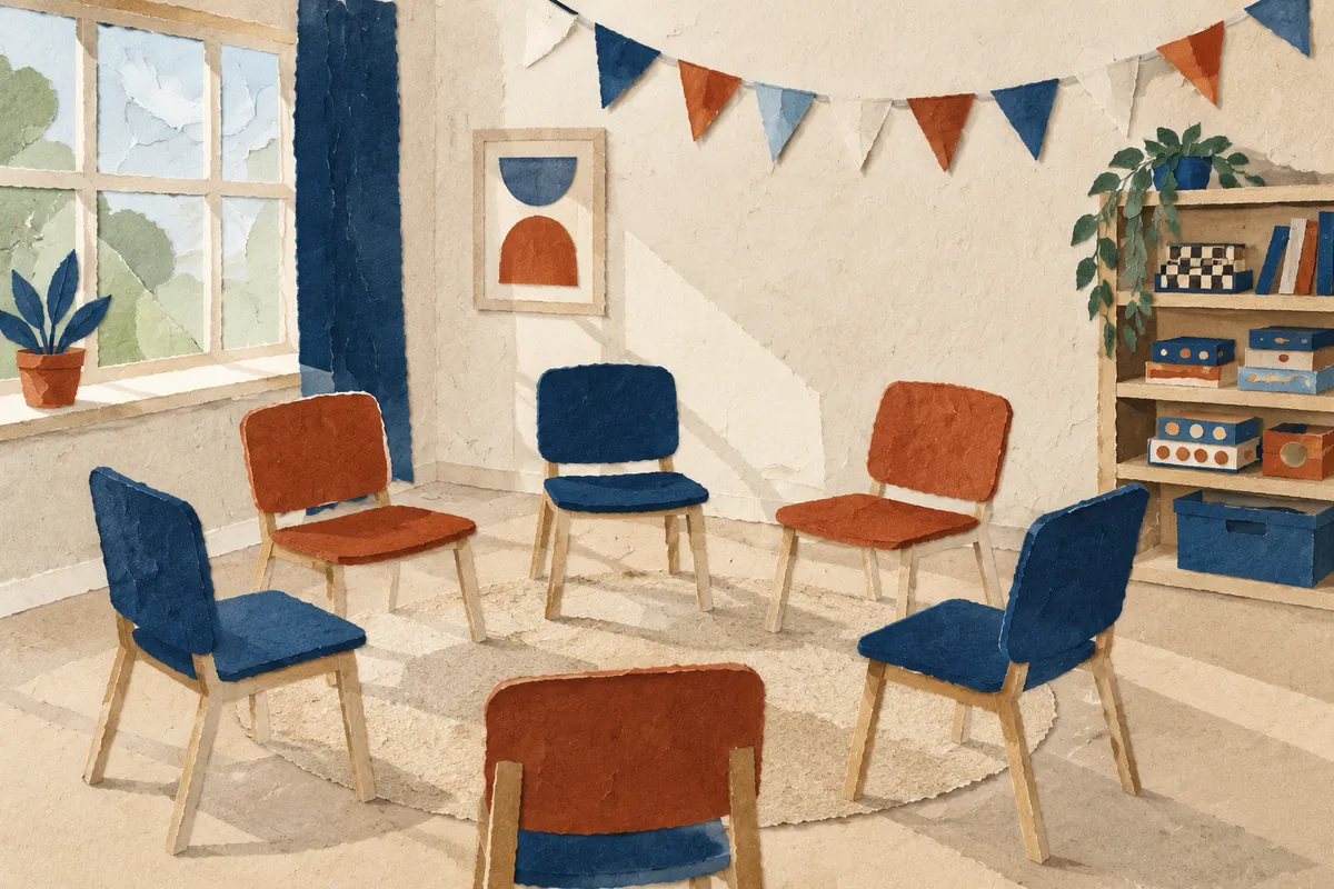 Sala de actividades con sillas en círculo y juegos de mesa, lista para una quedada de grupo